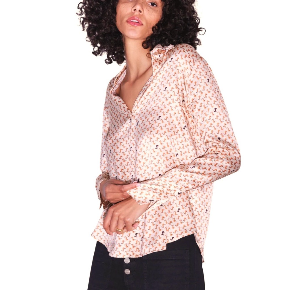 Catherine Gee Daria Lexi‎ Beige Silk Blouse Cream French Cuff Printed S